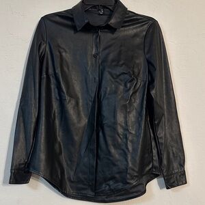 New Look Black Faux Leather Button-Up Shirt – Long Sleeve‎ Collared Top